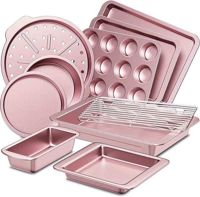 HONGBAKE Bakeware Sets, Baking Pans Set, Nonstick Oven Pan for Kitchen with Wider Grips, 10-Piece Including Rack, Cookie Sheet, Cake Pans, Loaf Pan, Muffin Pan, Pizza Pan - Pink by HONGBAKE