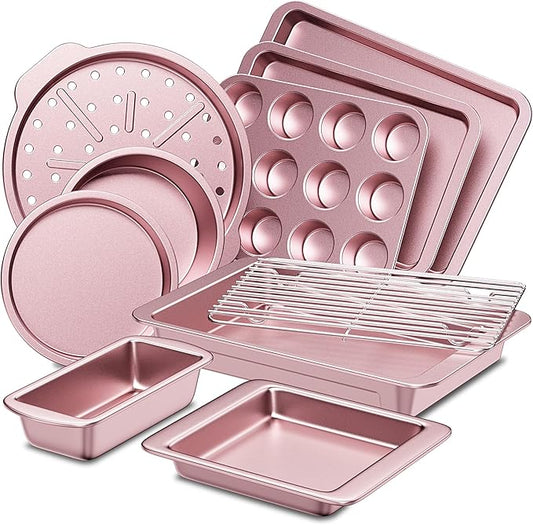 HONGBAKE Bakeware Sets, Baking Pans Set, Nonstick Oven Pan for Kitchen with Wider Grips, 10-Piece Including Rack, Cookie Sheet, Cake Pans, Loaf Pan, Muffin Pan, Pizza Pan - Pink by HONGBAKE