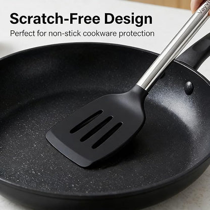 Vayvnt Silicone Cooking Utensils Set for Nonstick Cookware, 4 PCS Kitchen Silicone Spatula and Spoon Set with Stainless Steel Handle, Heat Resistant Kitchen Utensils, Dishwasher Safe, Black