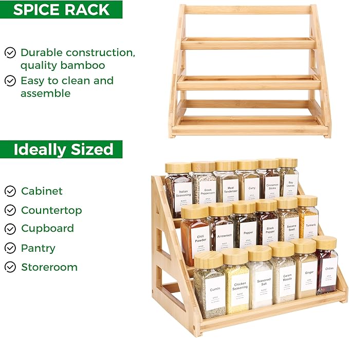 Spice Rack, Spice Organizer -3 Tier Bamboo Spice Racks, Solution for Spice Storage in Kitchens, Countertops，Storage Rooms and Other Places - Image 3