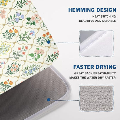 Floral Dish Drying Mat for Kitchen Counter Spring Summer Wild Flowers Diamond Pattern Microfiber Dish Drainer Mat Rustic Absorbent Washable Drying Pad Extra Large 18"x24"