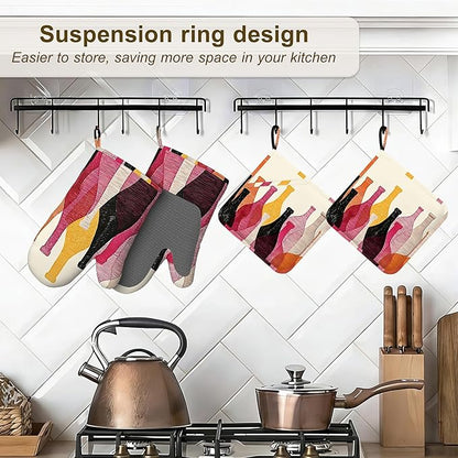 Red Wine Bottle Oven Mitts and Pot Holders Sets,Silicone Kitchen Mitts Potholders Heat Resistant 4Pcs Oven Gloves Hot Pads for Kitchen Baking Cooking