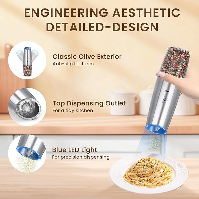 Rechargeable Electric Salt And Pepper Grinder Set, Automatic Gravity Electric Salt And Pepper Grinder Set, Adjustable Roughness, Led Light, 2 Pack, (Silver) - Image 4