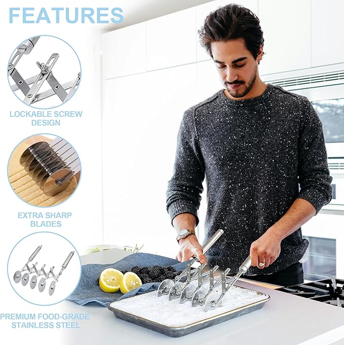 5-Wheel Professional Pastry Cutter - Stainless Steel Pizza & Dough Tool, Multi-Use Kitchen Utensil for Baking, Lattice Cutting, Cookie Dividing - Heavy Duty Pastry Wheel with Ergonomic Handle - Image 3