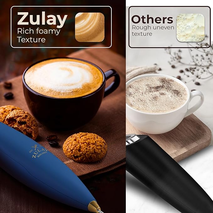 Zulay Kitchen Patented Tornado Triple Whisk Milk Frother with 4 Duracell Batteries – Handheld Foam Maker for Coffee, Lattes, Matcha & Hot Chocolate – Rich, Creamy Froth in Seconds - Navy Blue & Gold - Image 6