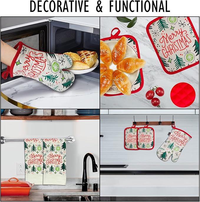 Oven Mitts and Potholders Dish Towles Set 100% Cotton for Perfect for Gifting, Baking and Everyday Cooking Durable Heat Resistant for Kitchen (5-Piece Merry Christmas) - Image 7