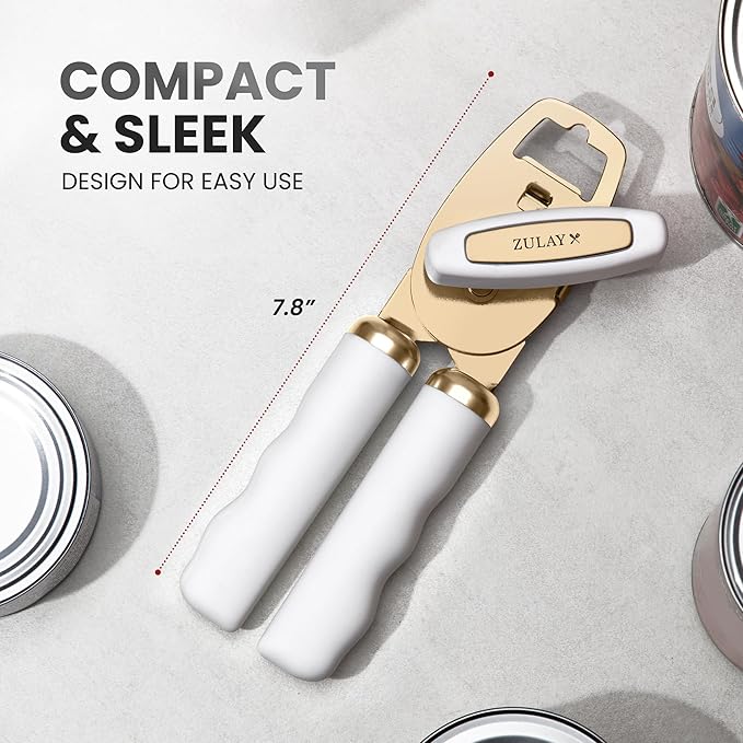 Zulay Kitchen Heavy Duty Stainless Steel Can Opener Manual with Bottle Opener - Rust Proof Manual Can Opener With Turn Knob & Comfy Soft Grip Handles - White & Gold - Image 2