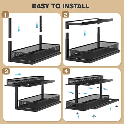 2-Pack 21.3 IN Depth Under Sink Organizer With Next-Gen Ball-Bearing Slides,Sophisticated Mesh 2-Tier Pull Out Shelf for Kitchen & Bathroom,Fits Small Items-Black
