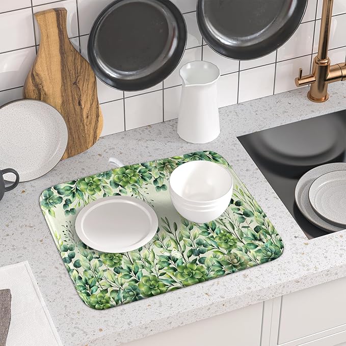 Giwawa Spring Summer Leaf Dish Drying Mat for Countertop, 16"x18" Eucalyptus Leaves Butterfly Dish Drainer Mats, Sage Green Fast Dry Microfiber Large Dish Drying Pad Decoration