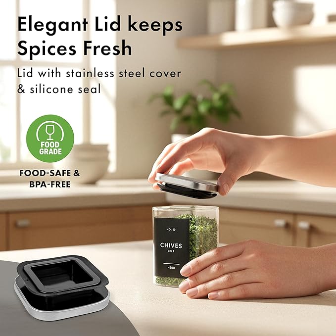 EDELHAUS Glass Spice Jars with Labels and Steel Lids (12 x 6.4oz) Spice Containers with 160 Label, Steel Funnel, Shaker Inserts, Empty Square Seasoning Organizer for Spice Rack, Cabinet, Drawer - Image 5