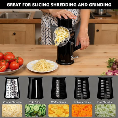 5-in-1 Rotary Cheese Grater Vegetable Slicer with Handle - Upgraded Hand Crank Cheese Grater with Handle and Strong Suction Base, Multi-Purpose Slicer with 5 Blades (Black) - Image 5