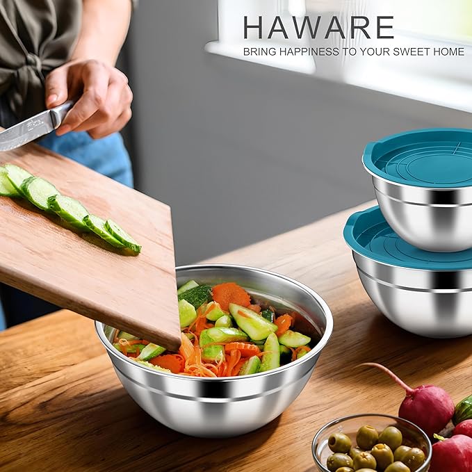 HaWare Mixing Bowls with Airtight Lids, 6-Piece Stainless Steel Salad Bowls, Strong Nesting Bowls for Cooking, Prepping, Baking, Serving & Food Storage, Stackable Design, Size 4.6, 3, 1.5QT, Teal Blue - Image 7
