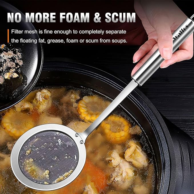 Walfos Fat Skimmer Spoon, 304 Stainless Steel Fat skimmer For Cooking, Fine Mesh Strainer, Food Strainer Fit For Separation Of The Floating Foam, Fat, Grease - Set of 2 Sise - Image 4