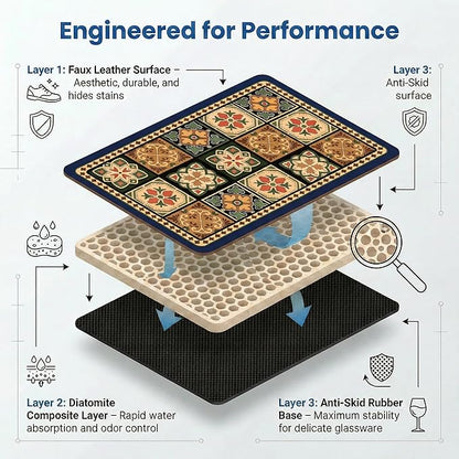 Boho Dish Drying Mat for Kitchen Counter - Super Absorbent Faux Leather Kitchen Mat, Quick Dry & Non-Slip Countertop Protector, Aesthetic Bohemian Decor for Coffee Bar (17"x31.5", Blue)