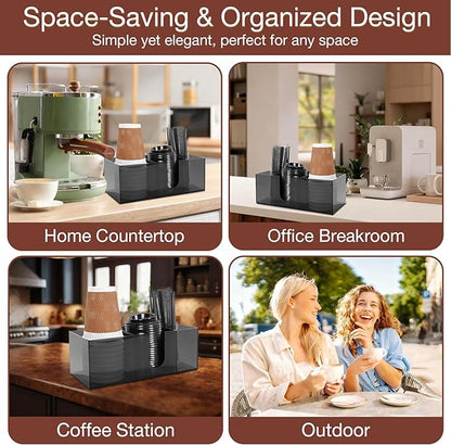 Acrylic Coffee Cup Holder for Countertop Breakroom, 3 Slots Acrylic Coffee Bar Accessories and Organizer+4 Anti Slip Silicone Pads, Clear Coffee Station Organizer for Cup Lid Straw, Grey