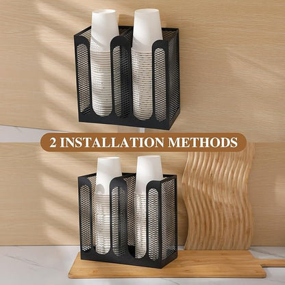 Maxcheck Metal Mesh Cup and Lid Holder Coffee Paper Cup Dispenser Lid Holder Storage Organizer Countertop or Wall Mount for Coffee Bar, Kitchen, Breakroom(2 Compartments, 8.2 x 4.1 x 7.9 Inch)