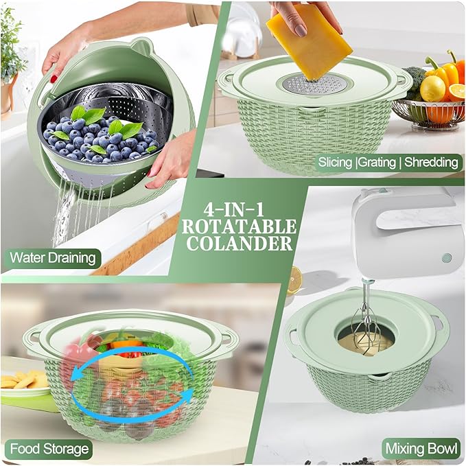 4-1 Colander with Fruit Bowl Set - Colander for Kitchen, Rotatable Strainers and Colanders(Patented), Pasta Strainer with New Upgraded Graters for Fruit, Veggie, Aesthetic Kitchen Essentials - Green - Image 4