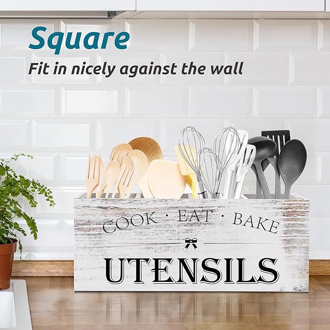 Suli Extra Large Kitchen Utensils Holder with 4 Compartments, Wooden Utensil Organizer for Kitchen Countertop, Farmhouse Decor, Rustic Cooking Utensil - White grain - Image 5