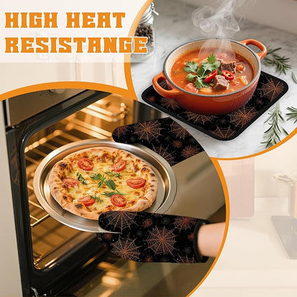 Halloween Oven Mitts and Pot Holders Set,Spider Web Kitchen Decor Heat Resistant Non Slip Hot Pads and Oven Mitt for Chef Cooking Baking BBQ Mom Girl Gifts(4 Piece Set)
