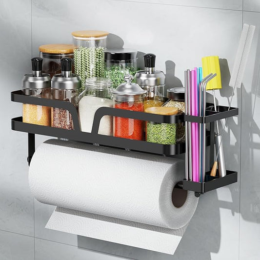 Taozun Paper Towel Holder with Shelf & Side Straw Basket, Black Kitchen Paper Holder Spice Rack Black Paper Towel Roll Holder RV Paper Towel Rack with 4 Hooks
