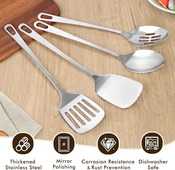 4 Pcs Cooking Utensils Set, Stainless Steel Kitchen Utensils, Heat Resistant Metal Kitchen Tools Include Slotted Turner Wok Spatula, Solid & Slotted Serving Spoon, Ladle, Easy to Clean, Silver - Image 2