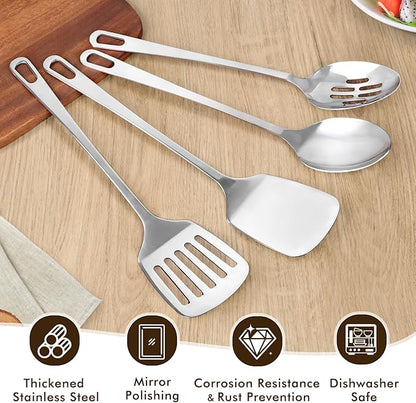 4 Pcs Cooking Utensils Set, Stainless Steel Kitchen Utensils, Heat Resistant Metal Kitchen Tools Include Slotted Turner Wok Spatula, Solid & Slotted Serving Spoon, Ladle, Easy to Clean, Silver - Image 2