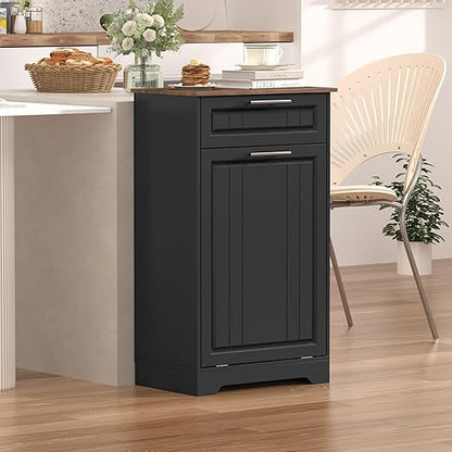 Single 10 Gallon Tilt Out Trash Can Cabinet with Deodorizing Function, Wooden Hidden Garbage Can Holder with Storage Drawers for Kitchen and Dining Room, Laundry Hamper Cabinet for Bathroom, Black