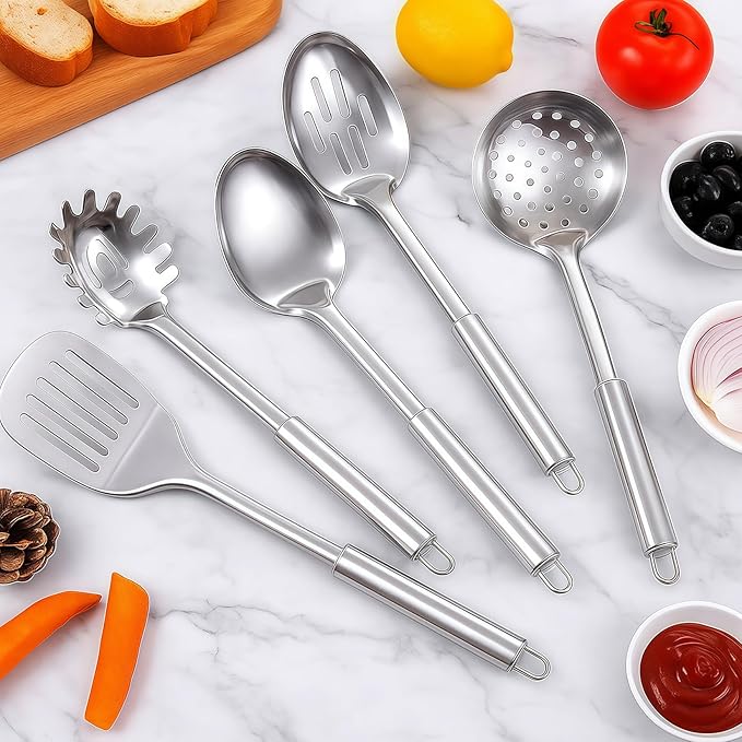 Cooking Utensils Set 11pcs - Stainless Steel Kitchen Utensils Set with Holder, Heat Resistant Kitchen Utensils Sets for Cooking with Turners, Potato Masher, Skimmer, Spoons, Ladle, Tongs, Whisk - Image 5