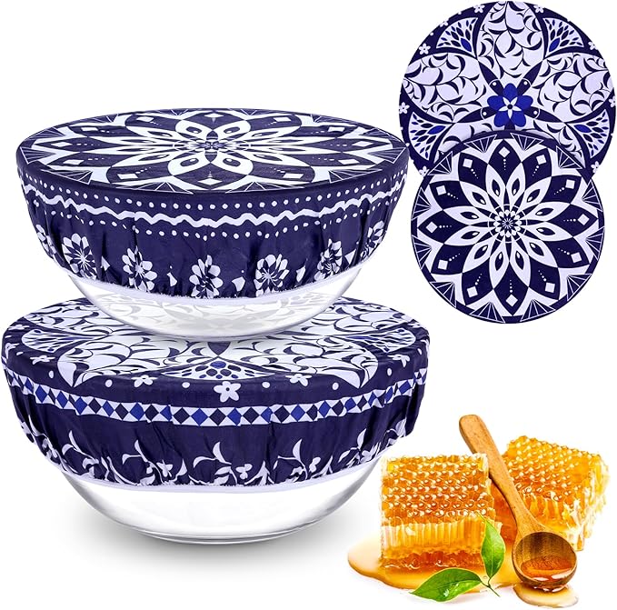 2 Large Reusable Beeswax Bowl Covers for Bread Proofing, 10/12 Inch Elastic Beeswax Wraps Cotton Cloth Sourdough Bowl Covers for Proofing Baskets, Mixer Bowls, Food Storage Containers