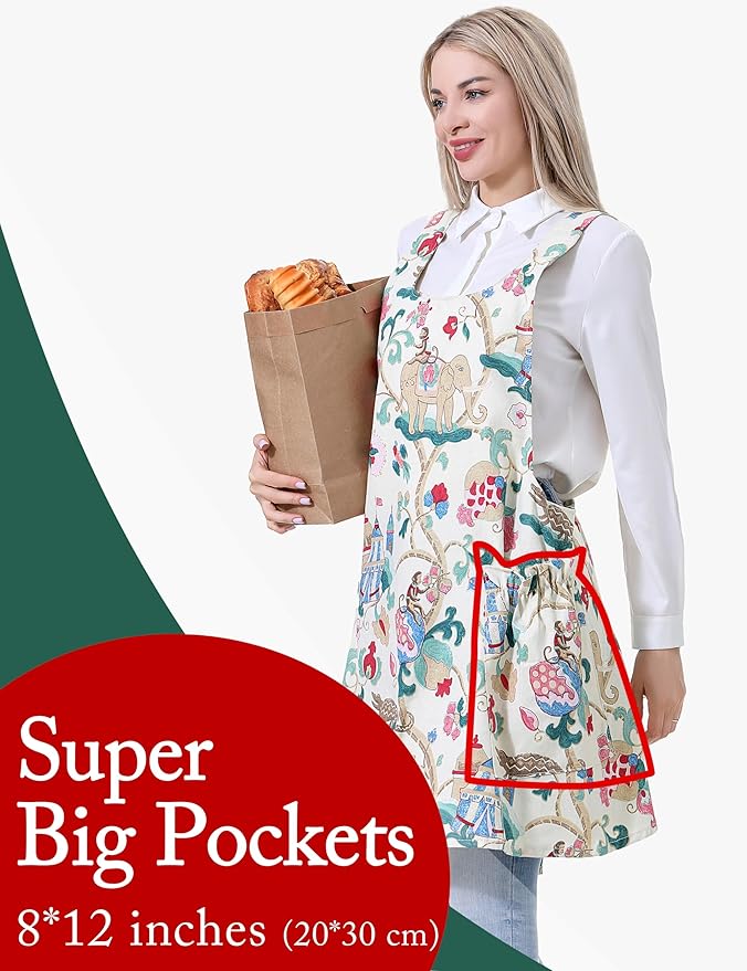 Cozy Adjustable Cross Back Aprons for Women with Pockets Cotton Linen Cooking Kitchen Baking