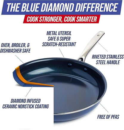 Blue Diamond Ceramic Nonstick 14" Frying Pan Skillet, PFAS-Free Cookware, Jumbo Cooker with Helper Handle, For Large & Family Sized Meals, Dishwasher & Oven Safe, Blue - Image 4