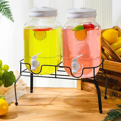 Teenyyou 2 Pcs Plastic Drink Dispensers for Parties Beverage Dispenser with Stand and Spigot Juice Lemonade Jars with Lid for Countertop Party Bar Picnics Water Tea, 2 Gallons Total