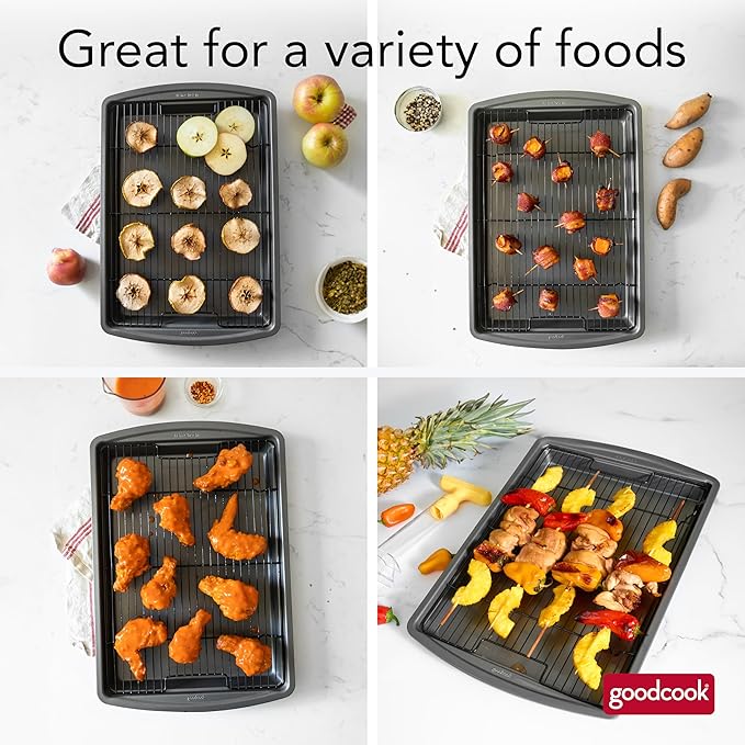 GoodCook 15” x 10.5” Nonstick Carbon Steel Baking Pan & Raised Wire Rack – Pizza Crisper,Crispy Bacon,Multipurpose Cooking Sheet Pan,Cooling Rack,Kitchen Cookware Set,Dishwasher Safe,(Pack of 12) - Image 3