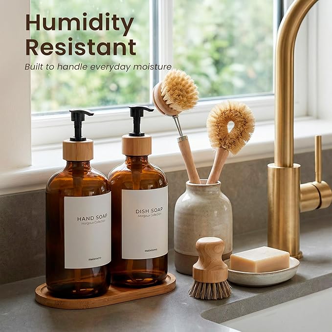MaisoNovo Glass Dish Soap Dispenser for Kitchen Set of 2-16.9oz Amber Dish and Hand Soap Dispenser Set for Kitchen - Amber Glass Bottles x 2 with Black Bamboo Pumps & Tray