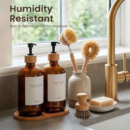 MaisoNovo Glass Dish Soap Dispenser for Kitchen Set of 2-16.9oz Amber Dish and Hand Soap Dispenser Set for Kitchen - Amber Glass Bottles x 2 with Black Bamboo Pumps & Tray