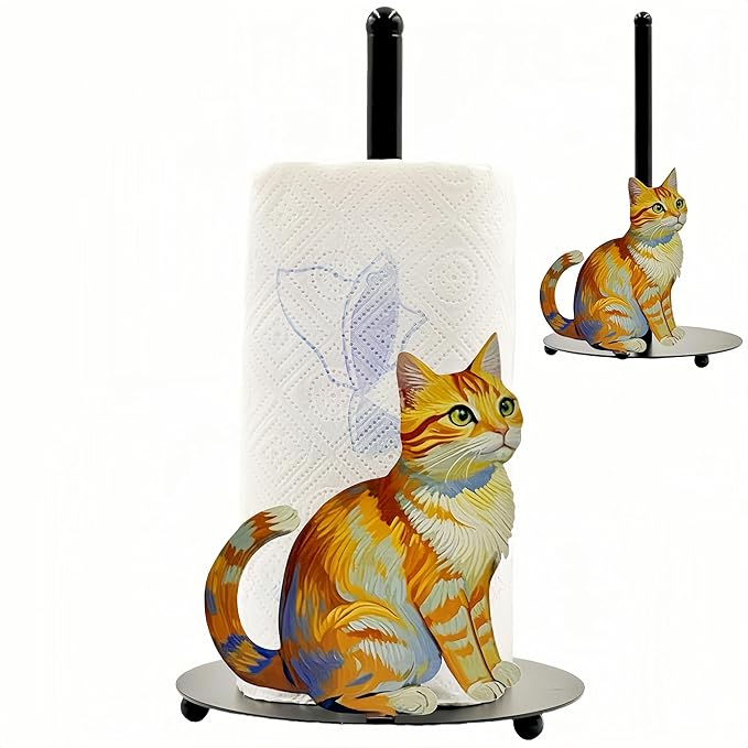 Cat Paper Towel Holder Countertop, Freestanding Paper Roll Holder, Easy One-Handed Tear Kitchen Paper Towel Stand with Weighted Base, Cute Animal Home Decor for Kitchen and Bathroom Countertop(1 Pack)