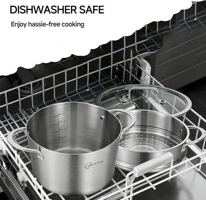 LOLYKITCH 5 Quart Stainless Steel Steamer Pot with Glass Lid, 3-Ply Steaming Pot for Cooking, 2 Tier Induction Steamer Pot for Tamales Seafood Vegetables Dumplings Stock Pot, Thick