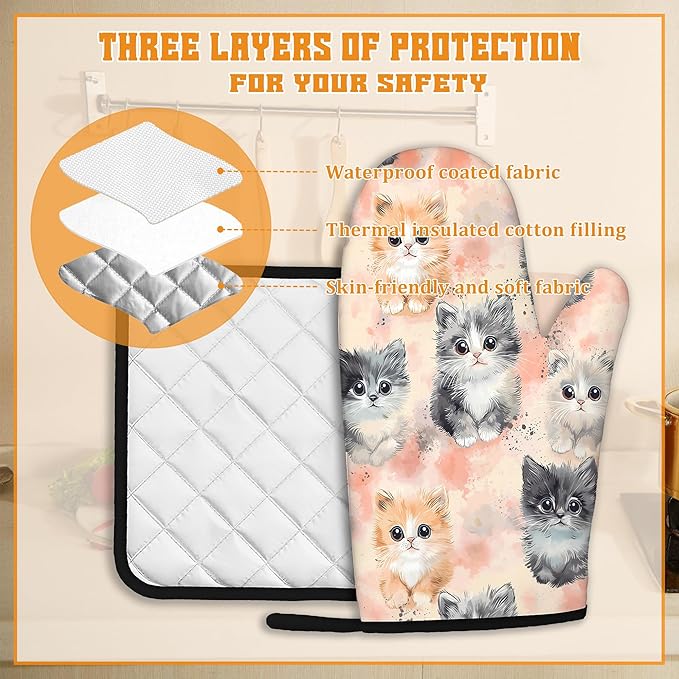 Cute Cat Oven Mitts and Pot Holders,Heat Resistant Oven Mitts Gloves and Pot Holder for Home Kitchen Decorations Cooking Baking BBQ Gifts,Set of 4
