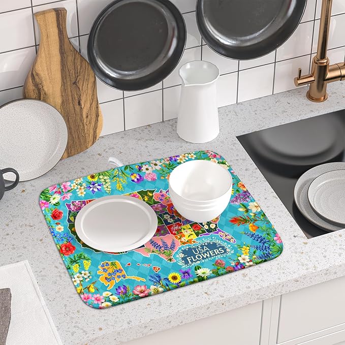 Flower Map Dish Drying Mat American Floral Decoration Coffee Mat for Kitchen Counter - Image 6