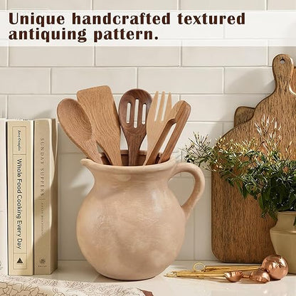 Potchen Rustic Kitchen Utensil Holder with Handle,7.48" H Ceramic Vintage Utensil Crock for Countertop, Farmhouse Kitchen Decoration Ceramic Pot for Spatulas Spoons Tongs(Classic,Antique Beige) - Image 4