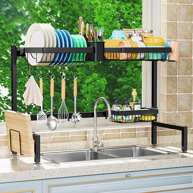 YKLSLH Over The Sink Dish Drying Rack 2 Tiers, for All Sinks (26.57"-35"),Expandable Large Capacity Sink Rack, Metal Drying Rack for Kitchen and Family Use - Image 6
