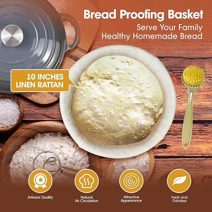 5QT Enameled Cast Iron Dutch Oven for Bread & Multi-Cooking – Complete Sourdough Starter Kit with Lid ,Probe Thermometer, Proofing Basket, Silicone Sling & Gift Packaging Bags,Oven Safe up to 500°F(Gray)