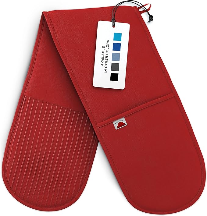 Red Double Oven Mitt Kitchen Protection - Pack of 1-32" Long - Heat Resistant Cotton Professional Grade with Terrycloth Lining