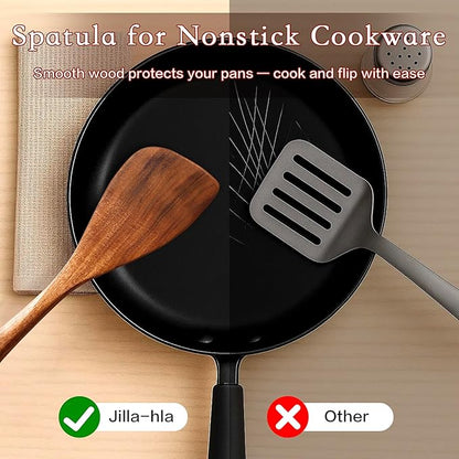 Jilla-hla Wooden Spatula Nonstick Turner Acacia Wood, Right Long Handle Flat Frying Spatulas Handmade for Mother Wife Grandma Her Kitchen Gift, Ideal Cookware Utensils for Cooking Eggs, Fish, Pancakes - Image 5