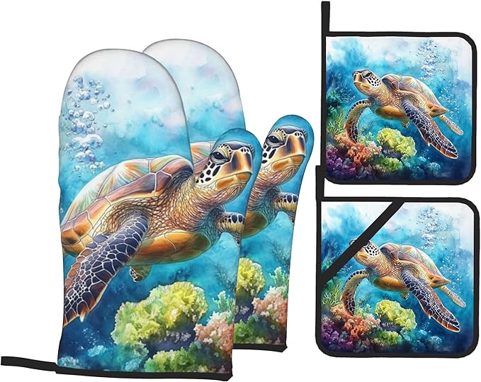 Ocean Turtle Pattern Oven Gloves and Hot Pads Set - Heatproof Hand Protection for Baking, Grilling, Cooking 4Pcs