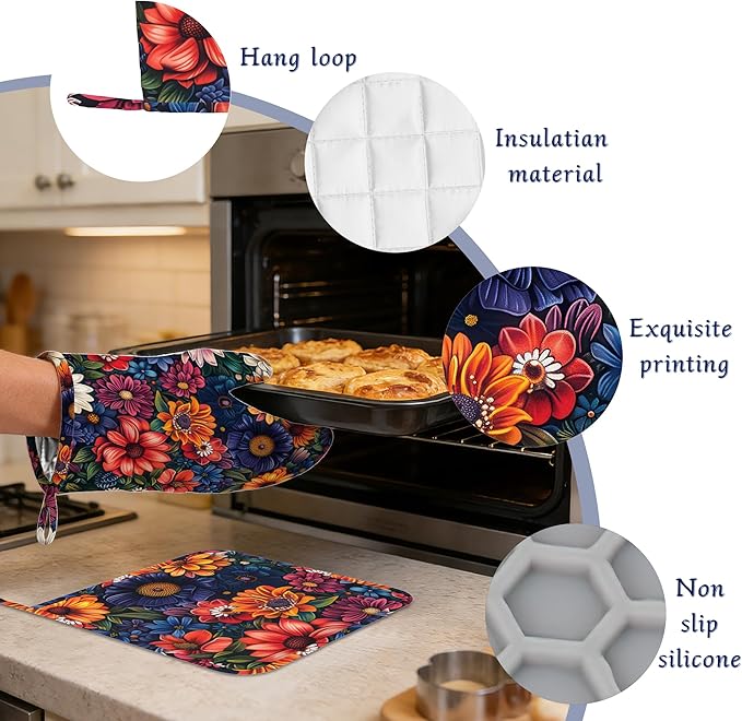 Colourful Flowers Potholders & Oven Mitts Sets Spring Floral Silicone Heat Resistant Oven Mits and Hot Pads Non-Slip Pot Holders Gloves for Kitchen Chef Cooking Baking Grilling BBQ