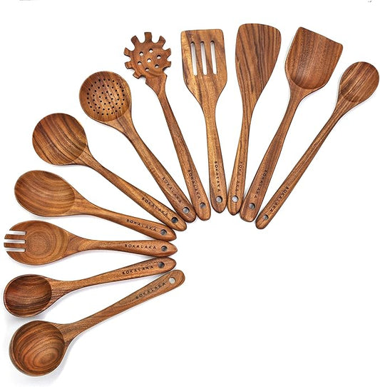 11 Pcs Wooden Kitchen Utensils Set - Wooden Spoons, Spatulas and More for Cooking by BOKALAKA