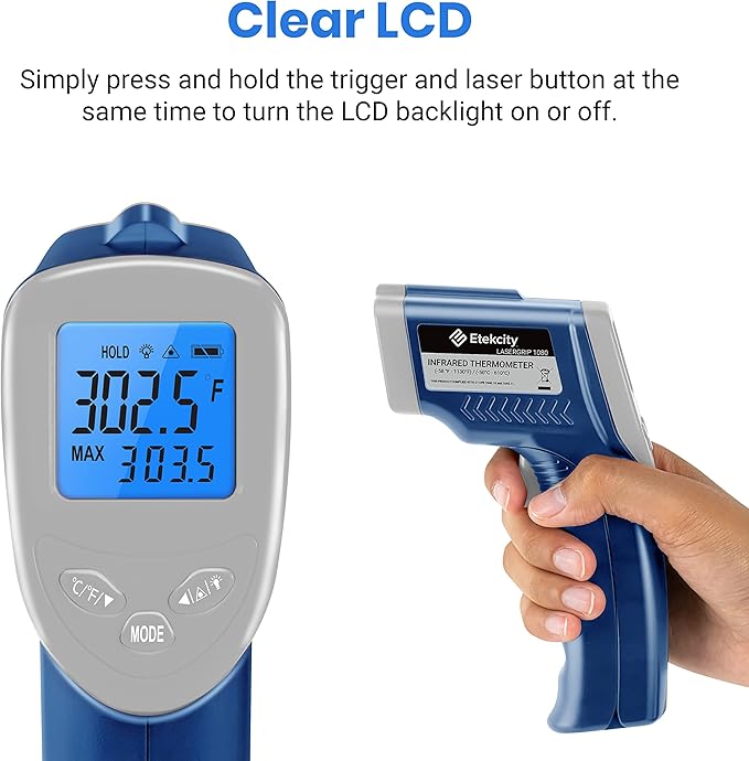 Etekcity Infrared Thermometer Laser Temperature Gun 1080, -58°F~ 1130°F for Meat Food Candy Pizza Oven, Heat Gun for Cooking, Kitchen, Fridge, Reptile, BBQ, HAVC, Adjustable Emissivity & Max Measure - Image 9