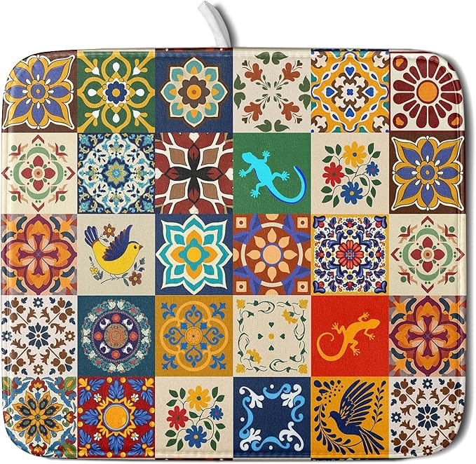Giwawa Mexican Tile Dish Drying Mat 16"x18" Talavera Boho Floral Print Dish Drainer Mats Rustic Ethnic Traditional Reversible Small Dish Drying Pad Protector for Kitchen Countertop Decor