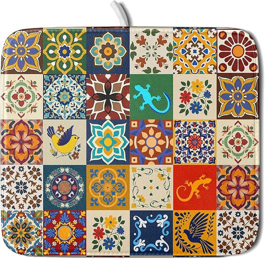 Giwawa Mexican Tile Dish Drying Mat 16"x18" Talavera Boho Floral Print Dish Drainer Mats Rustic Ethnic Traditional Reversible Small Dish Drying Pad Protector for Kitchen Countertop Decor